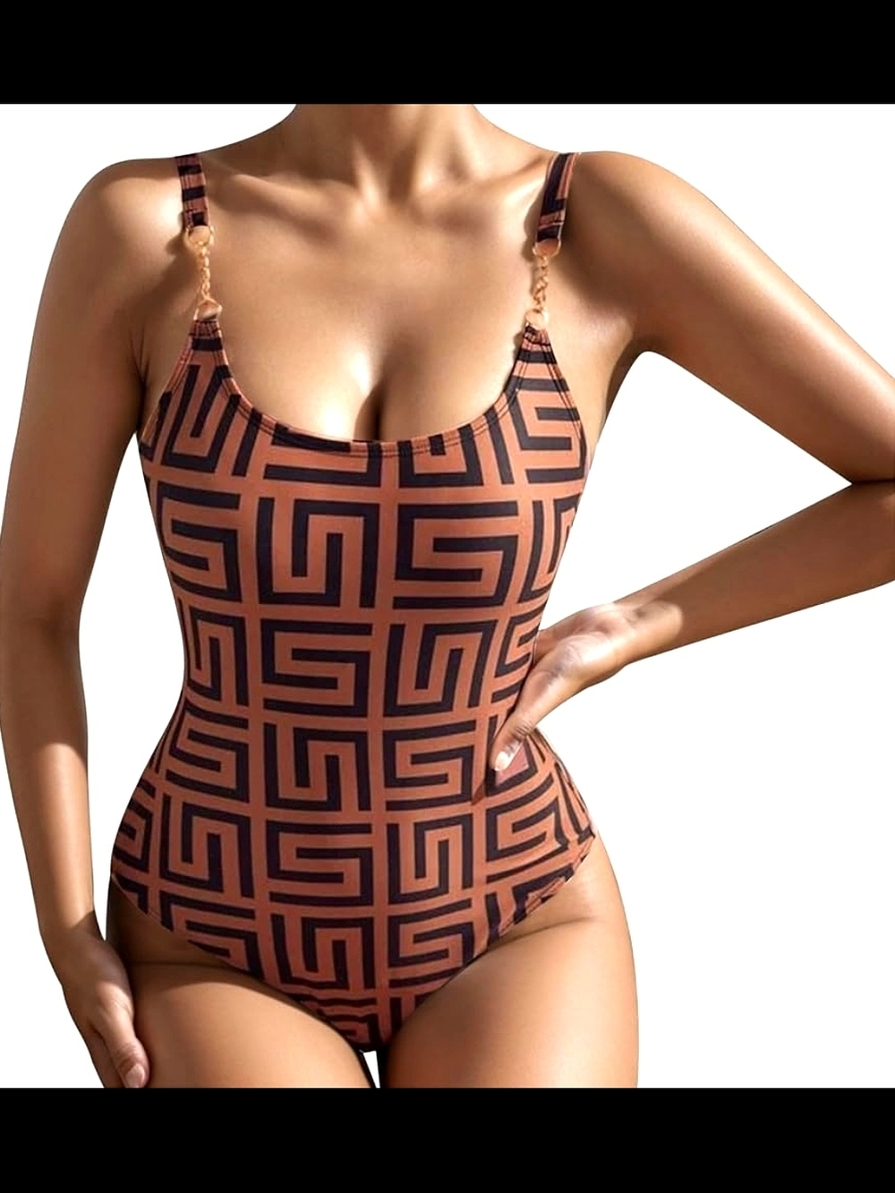 Brown* Never Worn * Geo-Print One-Piece Swimsuit (M-L)